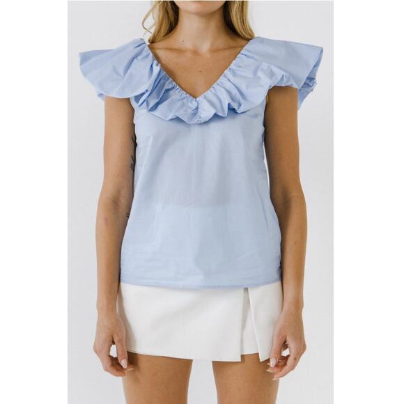 NEW ENGLISH FACTORY- Pastel Blue Ruffle Neckline Blouse Top Size S - Picture 3 of 11
